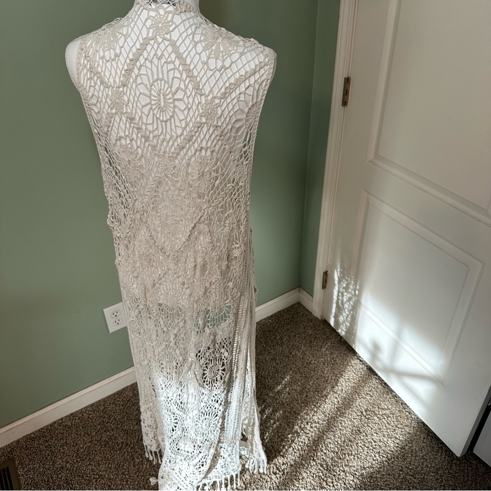 Boho Crochet Lace Long Duster Vest | Ivory Fringed Sleeveless Cardigan O/S - Picture 4 of 4